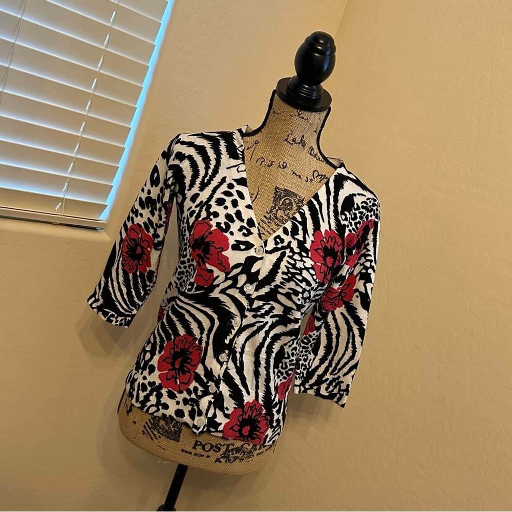 AB Studio Black and White Zebra Blouse with Red Floral Design